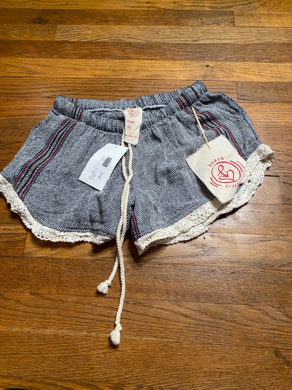 Beach Freedom Medium Icon Shorts Navy Stripe Crochet Trim Boho Lightweight - Picture 3 of 8